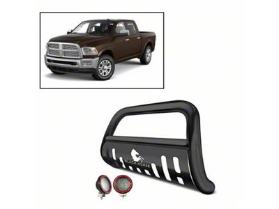Bull Bar with 5.30-Inch Red Round Flood LED Lights and Skid Plate; Black (10-18 RAM 2500)