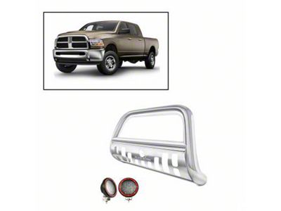 Bull Bar with 5.30-Inch Red Round Flood LED Lights and Skid Plate; Stainless Steel (10-18 RAM 2500)