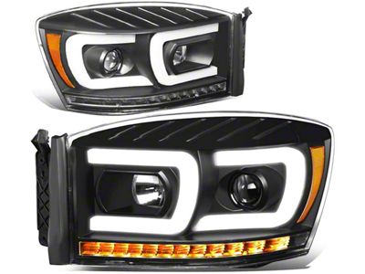 Dual LED DRL Projector Headlight with Amber Corner Lights; Black Housing; Clear Lens (06-09 RAM 2500)