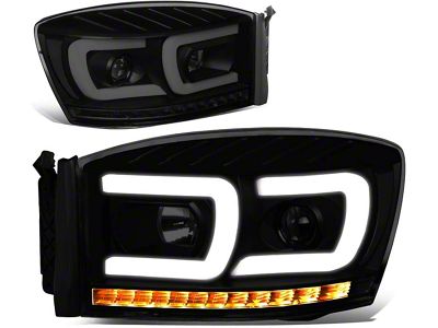 Dual LED DRL Projector Headlight with Clear Corner Lights; Black Housing; Smoked Lens (06-09 RAM 2500)