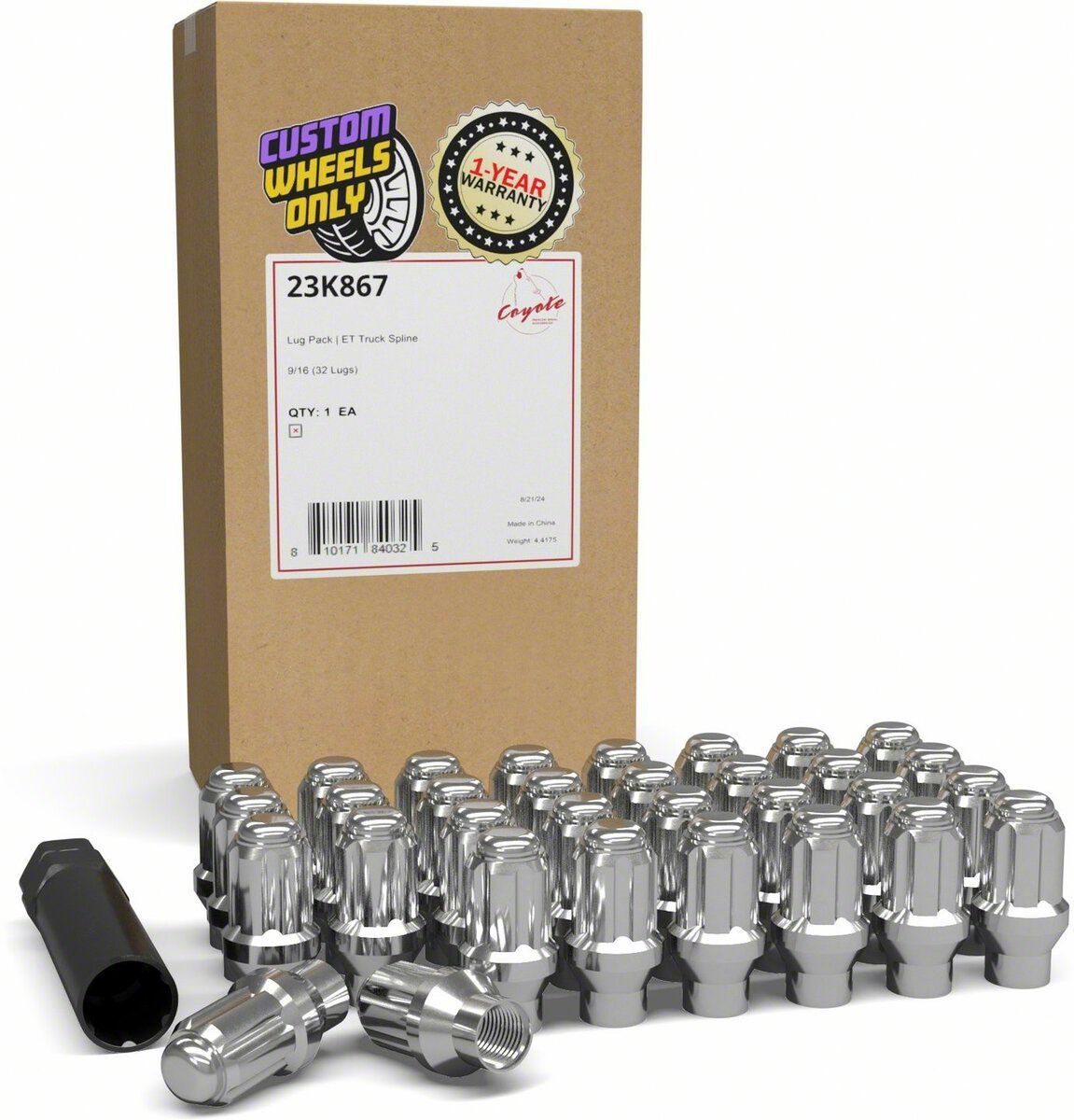Coyote Chrome Acorn Lug Nut Set - 9/16-18 Thread, 7/8" Hex, Ram OEM Style, Large Seat