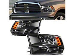 Factory Style Headlights with Amber Corners; Black Housing; Clear Lens (10-12 RAM 2500 w/ Factory Halogen Quad Headlights)