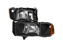 Factory Style Headlights and Corner Lights; Black Housing; Clear Lens (99-02 RAM 2500 w/ Sport Package)