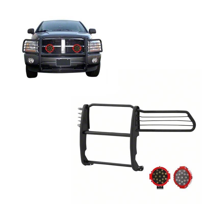 RAM 2500 Grille Guard with 7-Inch Red Round LED Lights; Black (94-02 ...