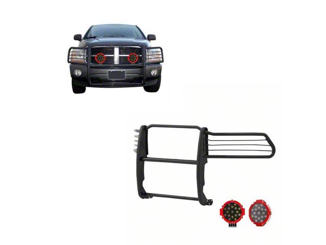 RAM 2500 Grille Guard with 7-Inch Red Round LED Lights; Black (94-02 ...