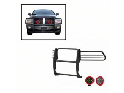 Grille Guard with 7-Inch Red Round LED Lights; Black (03-05 RAM 2500)