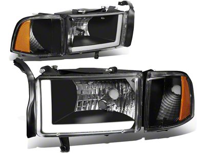 LED DRL Headlights with Amber Corner Lights; Black Housing; Clear Lens (94-02 RAM 2500 w/o Sport Package)