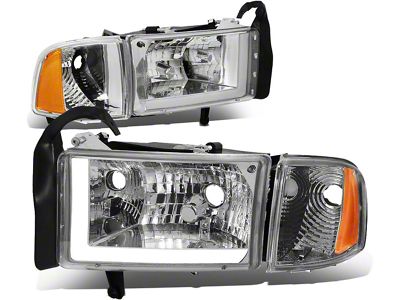 LED DRL Headlights with Amber Corner Lights; Chrome Housing; Clear Lens (94-02 RAM 2500 w/o Sport Package)