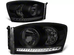 LED DRL Headlights with Clear Corner Lights; Black Housing; Smoked Lens (06-09 RAM 2500)