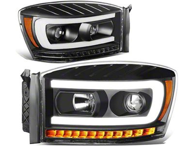 LED DRL Projector Headlights with Amber Corner Lights; Black Housing; Clear Lens (06-09 RAM 2500)