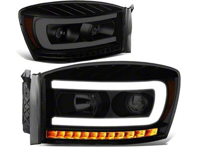 LED DRL Projector Headlights with Amber Corner Lights; Black Housing; Smoked Lens (06-09 RAM 2500)