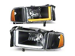 LED DRL Switchback Headlights with Amber Corner; Black Housing, Clear Lens (94-02 RAM 2500)