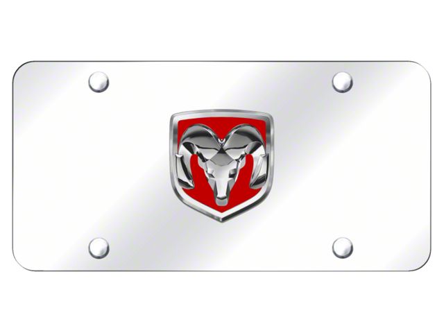 RAM OEM Logo License Plate; Red/Chrome on Chrome (Universal; Some Adaptation May Be Required)