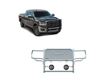 Rugged Heavy Duty Grille Guard with 5.30-Inch Black Round Flood LED Lights; Black (19-24 RAM 2500, Excluding Power Wagon)