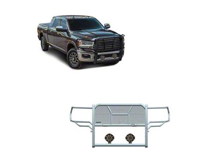 Rugged Heavy Duty Grille Guard with 7-Inch Black Round Flood LED Lights; Black (19-24 RAM 2500, Excluding Power Wagon)