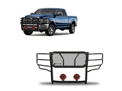 Rugged Heavy Duty Grille Guard with 7-Inch Red Round Flood LED Lights; Black (10-18 RAM 2500)