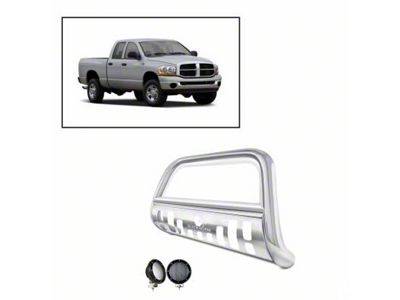 Bull Bar with 5.30-Inch Black Round Flood LED Lights; Stainless Steel (03-09 RAM 3500)