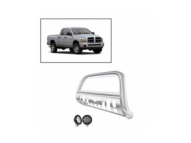 Bull Bar with 5.30-Inch Black Round Flood LED Lights; Stainless Steel (03-09 RAM 3500)