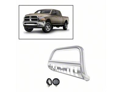 Bull Bar with 5.30-Inch Black Round Flood LED Lights; Stainless Steel (10-18 RAM 3500)