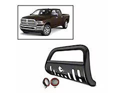 Bull Bar with 5.30-Inch Red Round Flood LED Lights and Skid Plate; Black (10-18 RAM 3500)