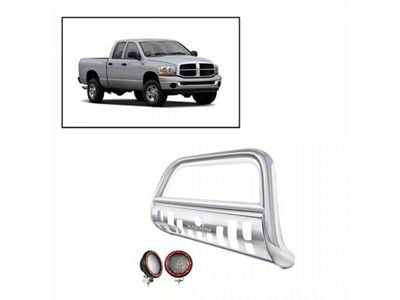 Bull Bar with 5.30-Inch Red Round Flood LED Lights and Skid Plate; Stainless Steel (03-09 RAM 3500)
