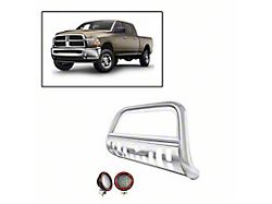 Bull Bar with 5.30-Inch Red Round Flood LED Lights and Skid Plate; Stainless Steel (10-18 RAM 3500)