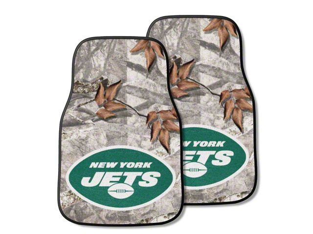 Carpet Front Floor Mats with New York Jets Logo; Camo (Universal; Some Adaptation May Be Required)