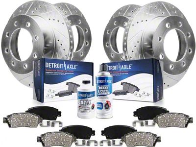 Drilled and Slotted 8-Lug Brake Rotor, Pad, Brake Fluid and Cleaner Kit; Front and Rear (03-08 RAM 3500)