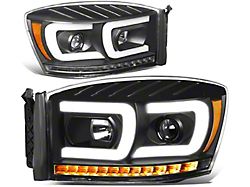 Dual LED DRL Projector Headlight with Amber Corner Lights; Black Housing; Clear Lens (06-09 RAM 3500)