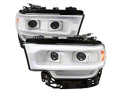 Dual Projector Headlights with Sequential Turn Signals; Chrome Housing; Clear Lens (19-24 RAM 3500 w/ Factory Halogen Headlights)