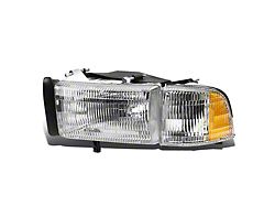 Factory Style Headlight with Amber Corner; Chrome Housing; Clear Lens; Driver Side (94-02 RAM 3500 w/o Sport Package)