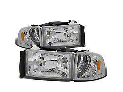 Factory Style Headlights with Amber Corner; Chrome Housing; Clear Lens (94-02 RAM 3500 w/o Sport Package)