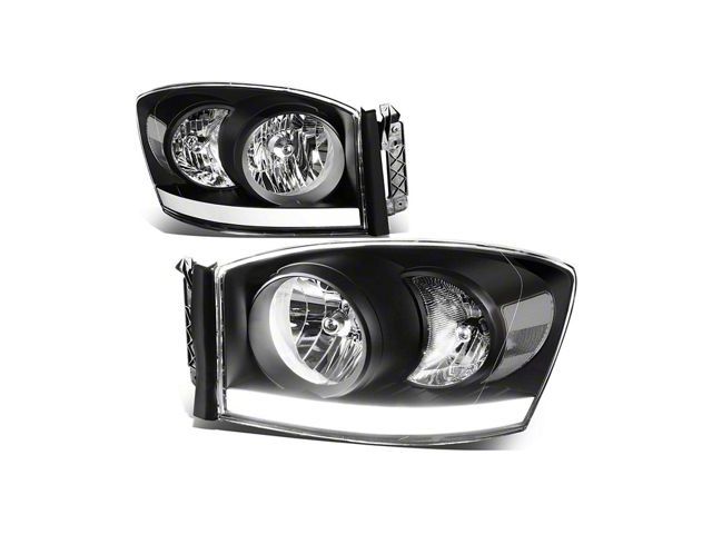 Factory Style Headlights with LED DRL; Black Housing; Clear Lens (06-09 RAM 3500)