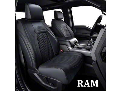 Faux Leather Custom Front and Rear Seat Covers; Black (10-18 RAM 3500 Crew Cab w/ Front Bucket Seats & Split Flat Rear Seat)