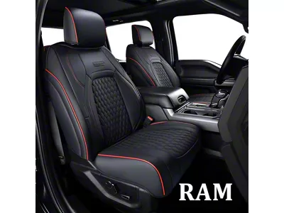 Faux Leather Custom Front and Rear Seat Covers; Black with Red Piping (10-18 RAM 3500 Crew Cab w/ Front Bucket Seats & Split Flat Rear Seat)