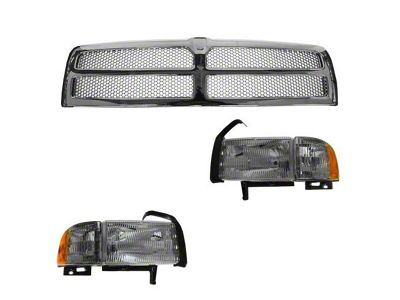 Honeycomb Upper Replacement Grille with Headlights; Chrome and Silver (94-02 RAM 3500)