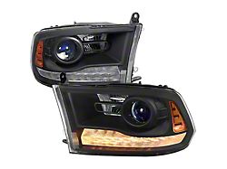 LED Bar Projector Headlights; Matte Black Housing; Clear Lens (13-18 RAM 3500 w/ Factory Projector Headlights)