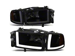LED DRL Headlights with Amber Corner; Black Housing; Smoked Lens (94-02 RAM 3500 w/o Sport Package)