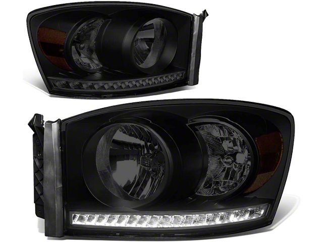 LED DRL Headlights with Amber Corner Lights; Black Housing; Smoked Lens (06-09 RAM 3500)