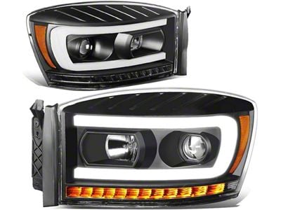 LED DRL Projector Headlights with Amber Corner Lights; Black Housing; Clear Lens (06-09 RAM 3500)