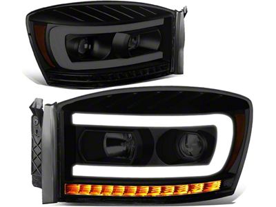 LED DRL Projector Headlights with Amber Corner Lights; Black Housing; Smoked Lens (06-09 RAM 3500)
