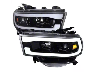 LED Tube Projector Headlights; Jet Black Housing; Clear Lens (19-24 RAM 3500 w/ Factory Halogen Headlights)