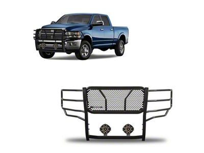 Rugged Heavy Duty Grille Guard with 7-Inch Black Round Flood LED Lights; Black (10-18 RAM 3500)