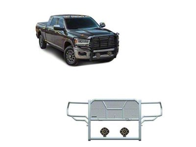 Rugged Heavy Duty Grille Guard with 7-Inch Black Round Flood LED Lights; Black (19-24 RAM 3500)