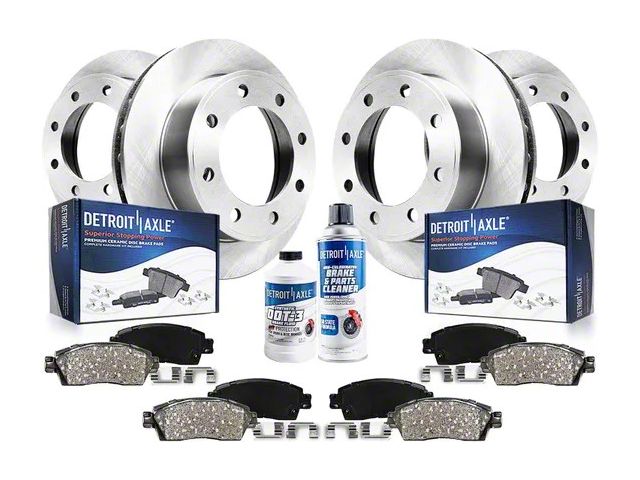 Vented 8-Lug Brake Rotor, Pad, Brake Fluid and Cleaner Kit; Front and Rear (03-08 RAM 3500)