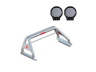Classic Roll Bar for Tonneau Cover with 9-Inch Black Round Flood LED Lights; Stainless Steel (19-25 Ranger)