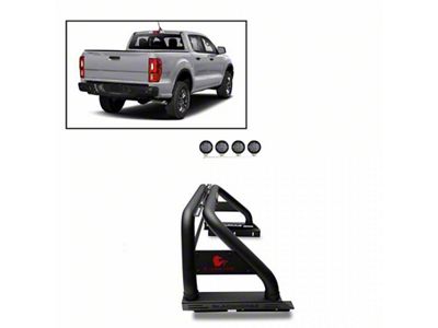 Classic Roll Bar with 5.30-Inch Black Round Flood LED Lights; Black (19-25 Ranger w/ Tonneau Cover)