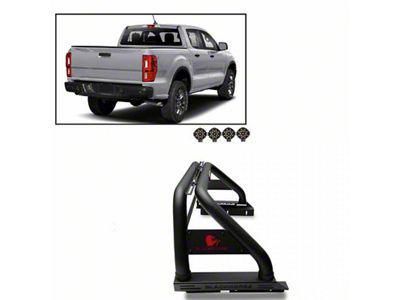 Classic Roll Bar with 7-Inch Black Round LED Lights; Black (19-25 Ranger w/ Tonneau Cover)