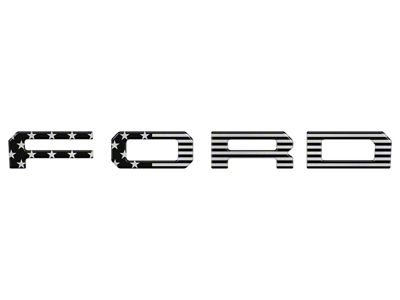 Front Grille Letter Overlays; Black and Metallic Silver American Flag (19-23 Ranger w/ OE Ford Raptor Grille)