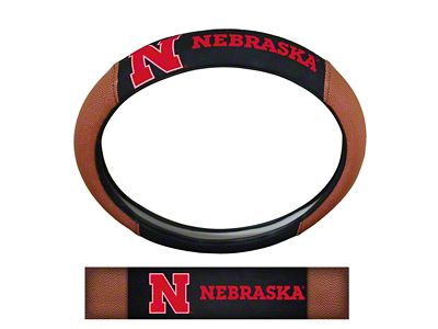 Grip Steering Wheel Cover with University of Nebraska Logo; Tan and Black (Universal; Some Adaptation May Be Required)